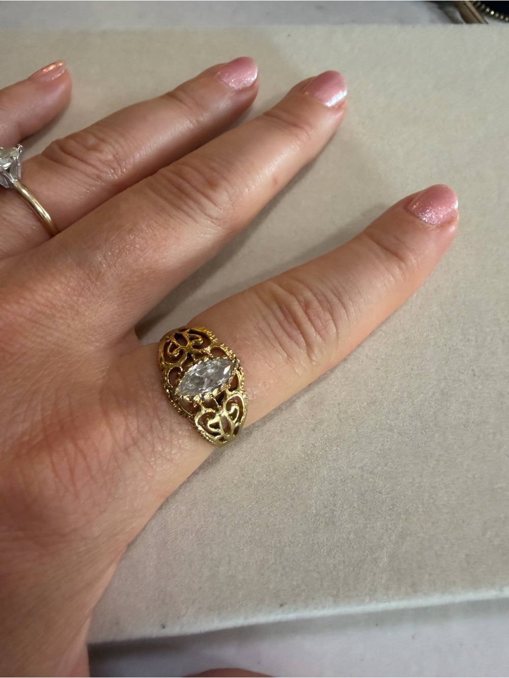 Vintage Gold Filigree Marquise Cut Clear Stone Cocktail Ring